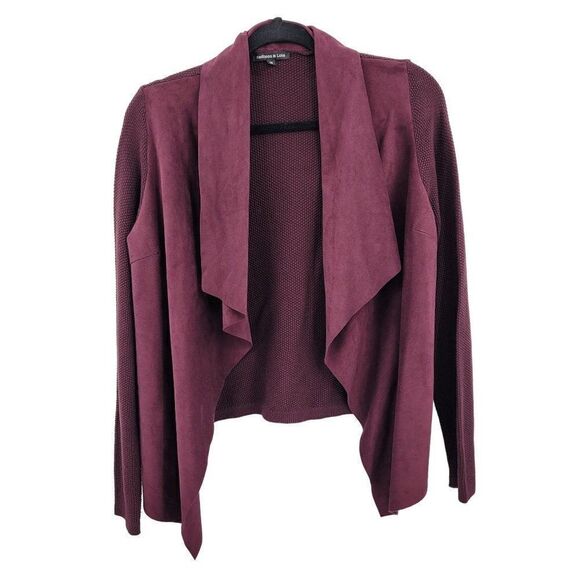 Cardigan M Purple Waterfall Open Front Waffle Knit Faux Vegan Suede Front Boho - Picture 1 of 10